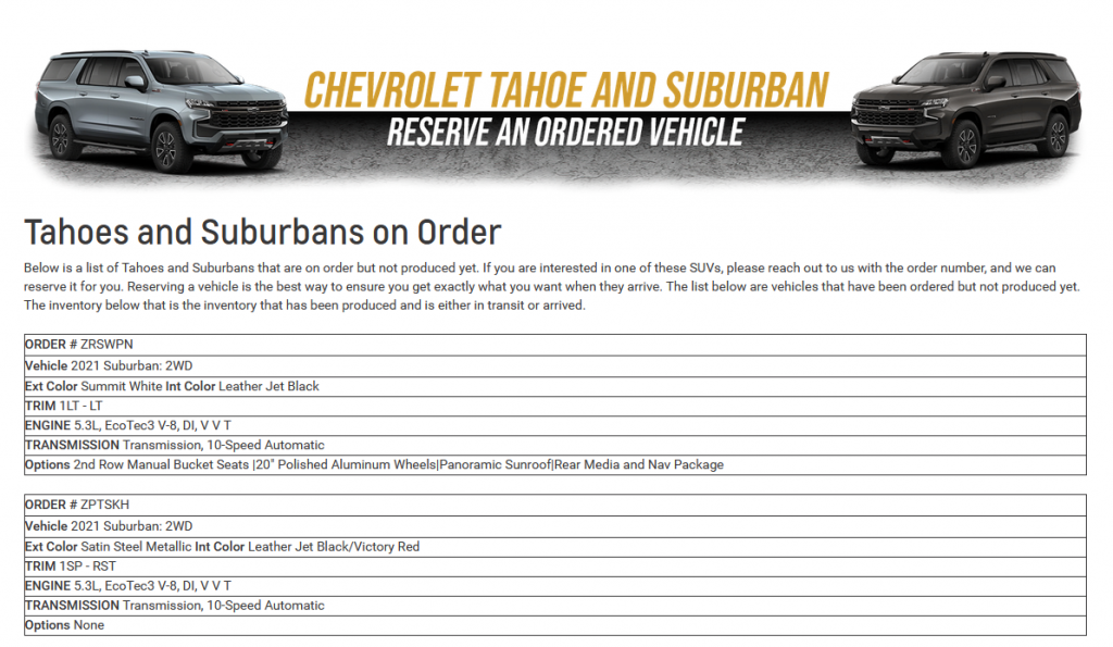 On Order Specials Tahoe and Suburban